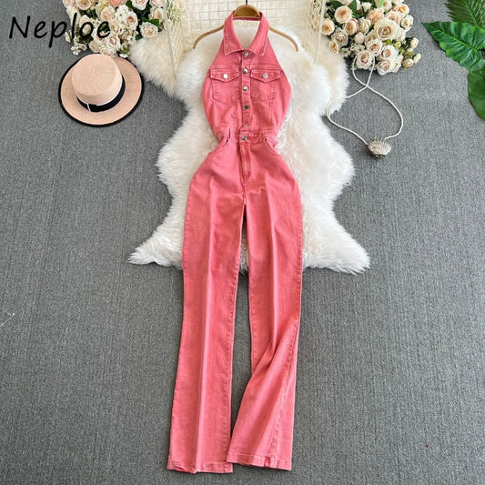 New Vintage Turn-Down Collar Sleeveless Bodysuit High Waist Elegant Jumpsuit Safari Style Denim Straight Ropa Mujer