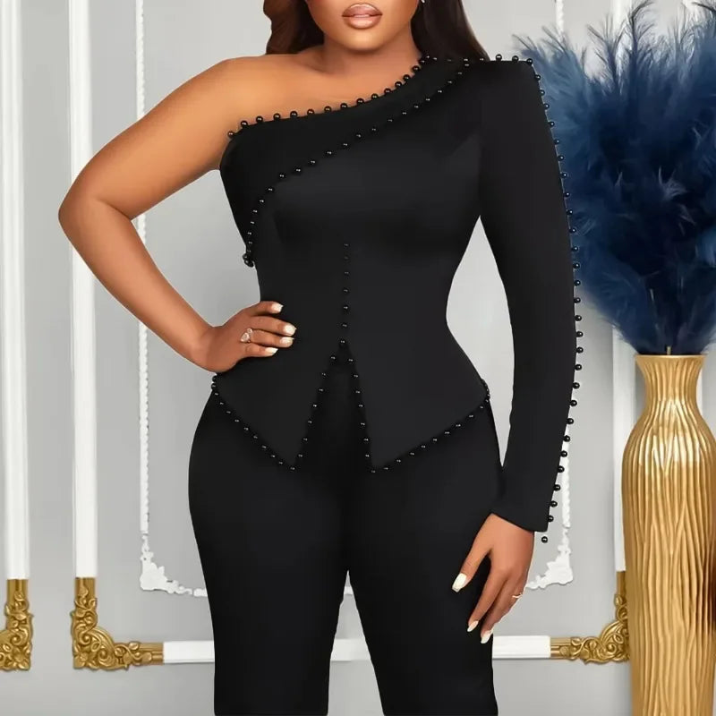 African Clothes for Women 2 PCS Spring Elegant African Long Sleeve White Black Red Top Long Pant Matching Sets African Clothing