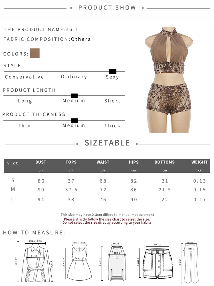 Just Arrived 2 PCS Set  Snakeskin Pattern Hot Girl Design Women's Halter Backless Crop Tops + Skinny Peach Hip Shorts Hot Girls Tracksuit Sexy Fashion Night Clubwear Evening Beach Party Suits