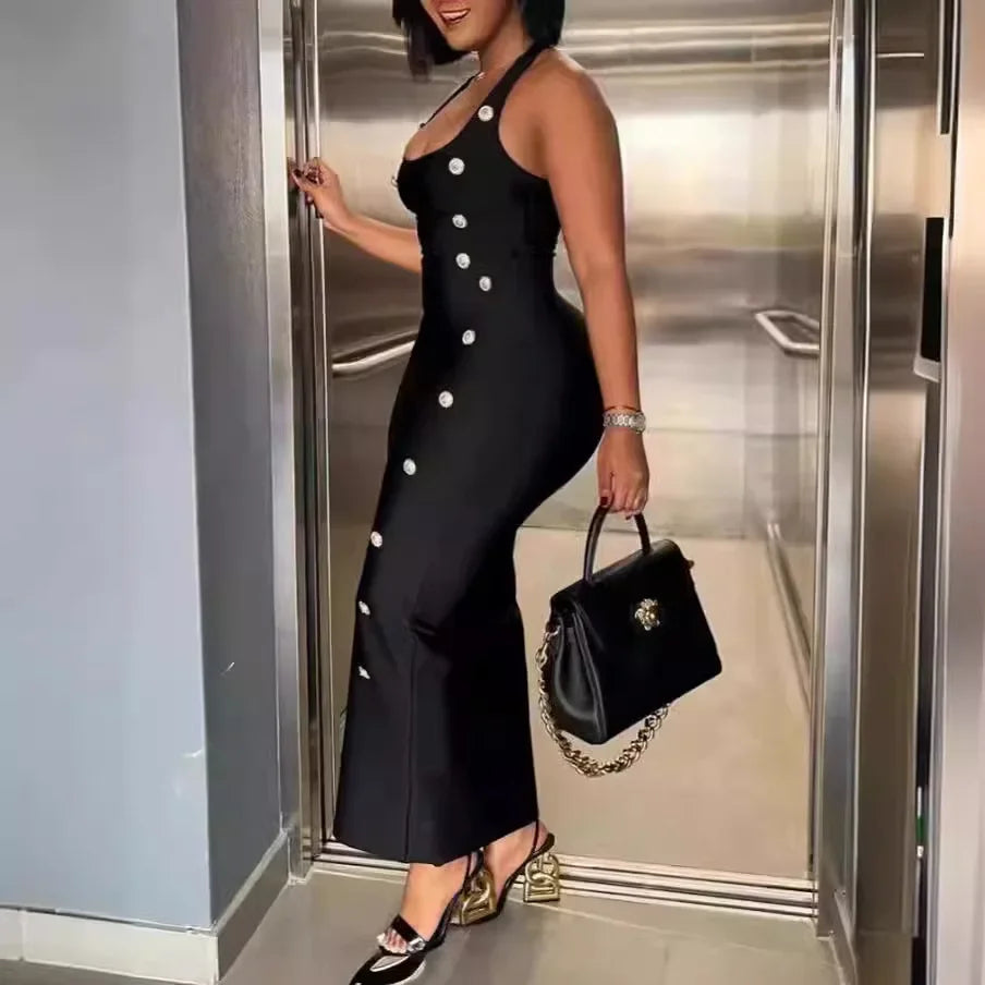 NEW Arrivals S-3XL UK Plus Size Chubby Women's Clothing Button Slim Lace-Up High Waist Sexy Skinny Slim Long Black Dress Sleeveless Evening Party Gown Ladies Fashion Apparel Supplies