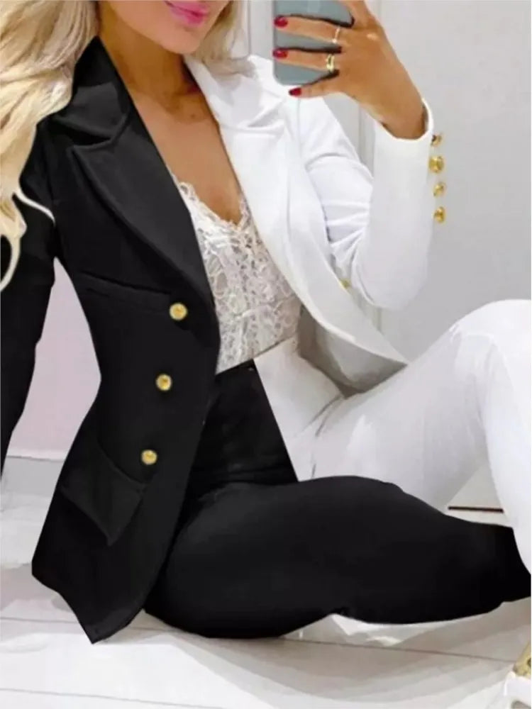 NEW Arrivals 2PCS Set 12 Patterns/Colors Autumn Winter Luxury Italian Suit Long Sleeve Blazer Women's Suit Fashion Color Matching Slim Elegant Female Office Lady Night Business Suit Ladies Luxury Fashion Clothing Supplies