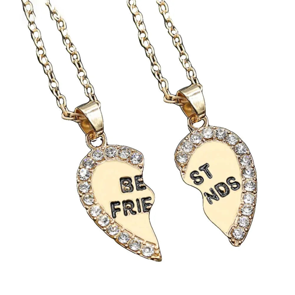 New 1 Pair Half Love Heart Rhinestone Pendant Best Friends Necklace Friendship Gift
