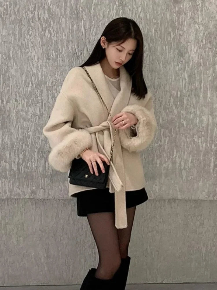 UK Size 5 Colors Elegant Lace Up Woolen Overcoat Women Casual Lapel V-Neck Full Sleeve Loose Warm Outerwear Lady New Autumn Commute Street Coat
