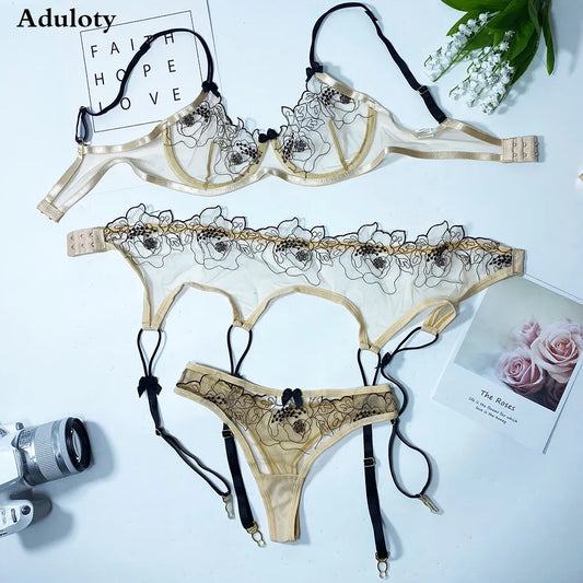 Aduloty New Women's Intimates Sexy Lingerie Embroidery Sex Bra And Panties Garter Belt Set Lace Underwear Set Erotic Costume