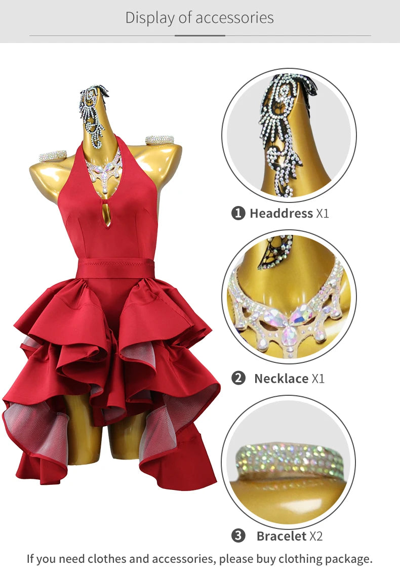 New Arrivals Red Latin Dance Dress Sexy Ladies Ballroom Party Show Costume Practice Wear Line Clothing Women Sport Party Skirt Customized Ladies Competition Dancing Dress