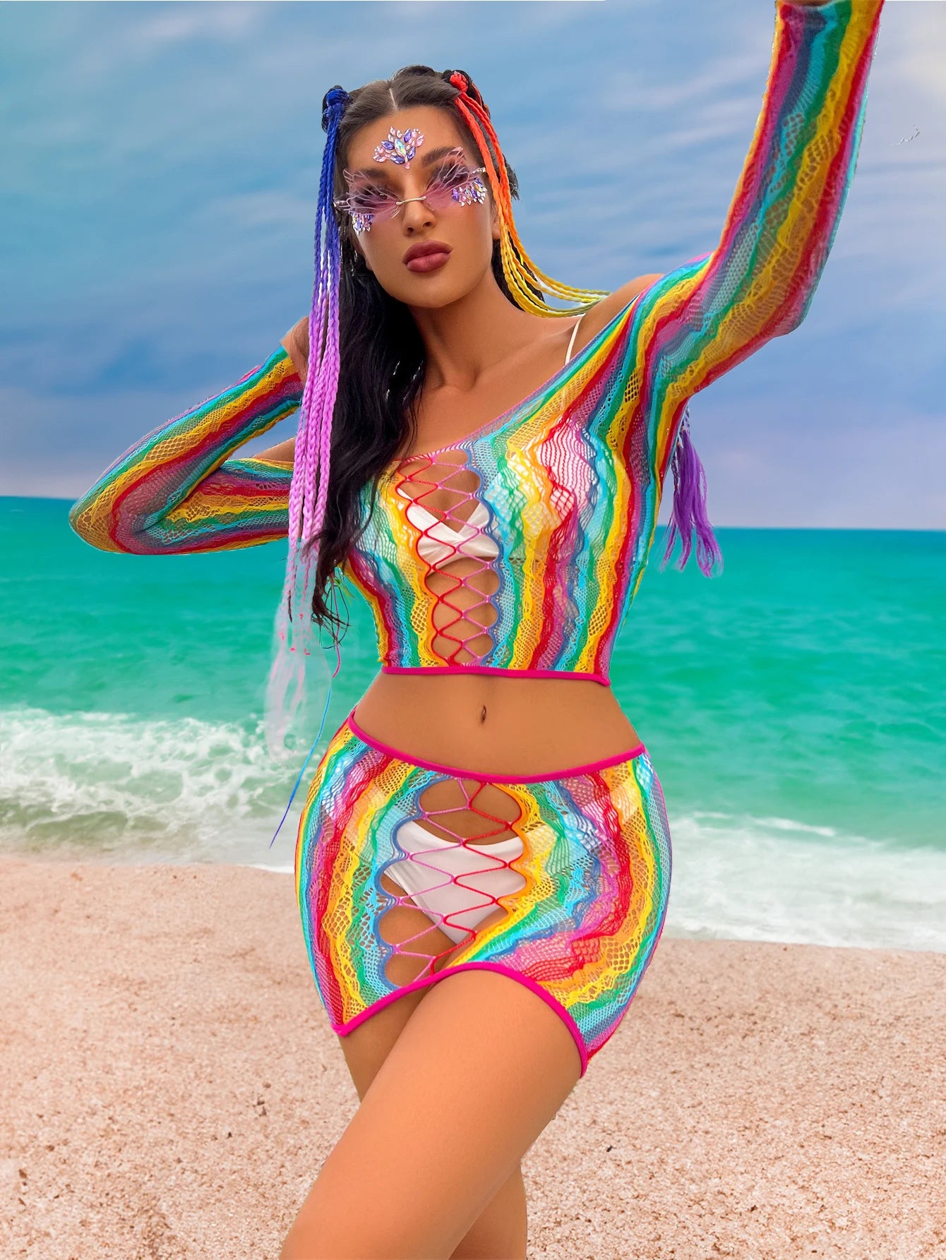 Colorful Rainbow Beach Cover Up Dress 2 Piece Set with Long Sleeve Sheer Stretchy Bodycon Fit