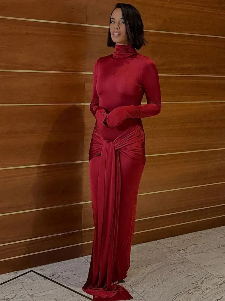NEW Arrivals Black/Red/Coffee Color High Neck Long Sleeve Bodycon Dress Women's Tight Elastic Lace Up Maxi Long Dress Spring Autumn New Evening Party Night Club Wear