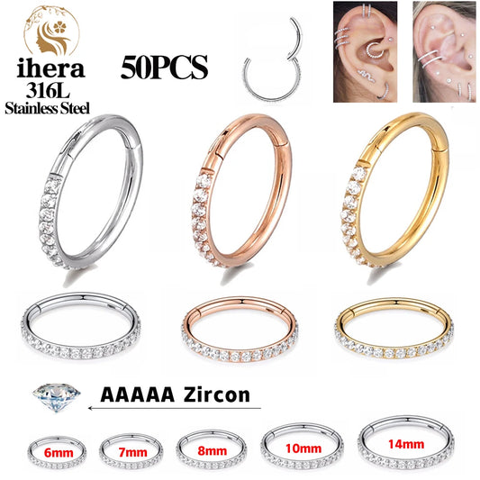 50PCS Set Stainless Steel Zircon Hinged Segment Nose Septum Clicker Ring Round Earrings Hoops Ear Tragus Helix Piercing Jewelry