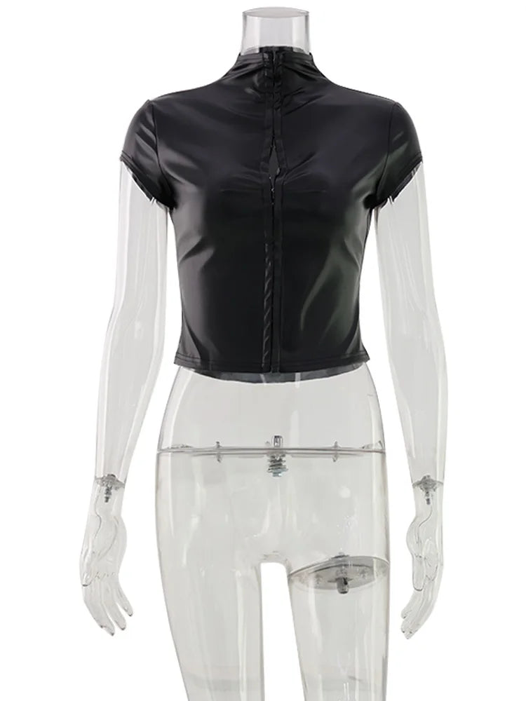 Sexy Black PU Leather Button Solid Short Sleeve Women Tops Sheath Fashion High Collar Blouse Fitness Female Sexy Night Club Tees Chic Tops