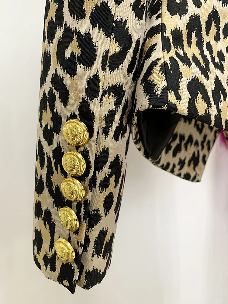 HIGH STREET Newest Designer Jacket Women's Slim Fit Lion Buttons Double Breasted Jackquard Leopard Blazer