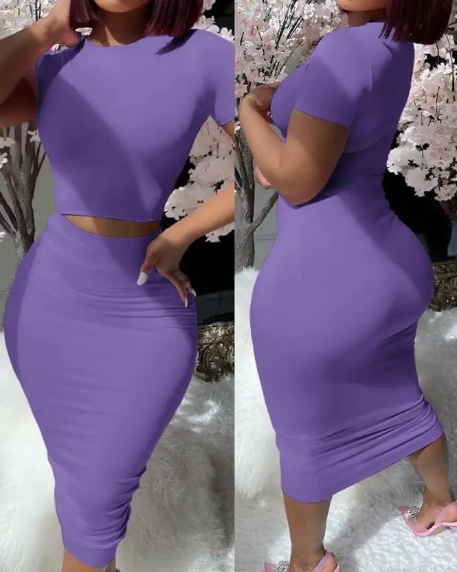 Women 2PCS Sets Elegant Sexy Evening Beach Party Night Club Outfit Short Sleeve Top & High Waist Skirt Set New Fashion Summer Casual Female Suit Ladies Girls Fashion Clothing Supplies