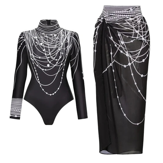 NEW Arrivals 1PC/2PCS Set  Women Swimsuit Long Sleeve Front Blue White Luxury Surf Swimsuit Sarong Swimwear Slimming Bathing Suit Ladies Beach Wear