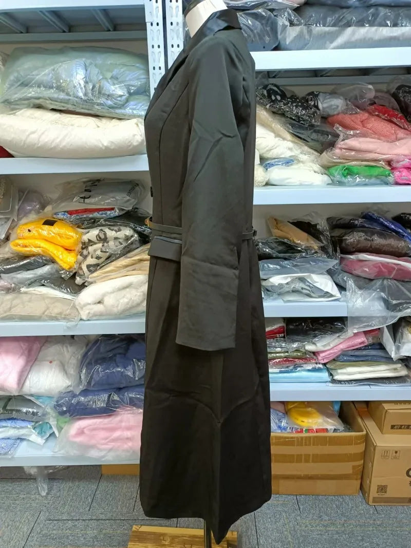 NEW Arrivals Italian Women Autumn Black Coat Double Breasted Notched Long Trench Female New Fashion Winter High Waist Outwears Slim Solid Windbreaker Office Lady Luxury Fashion Clothing Supplies