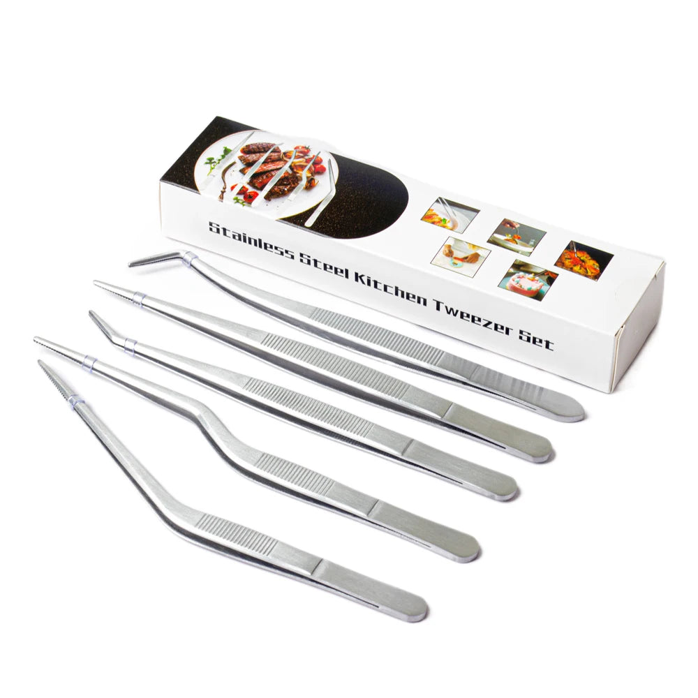 5 PCS Set Cooking Tongs Tweezers Set, Food Grade Stainless Steel, Non-Slip Bent Tip, Food Tongs, For Plating Cooking Baking, Home Use Outdoor Barbeque Camping Cooking Accessories