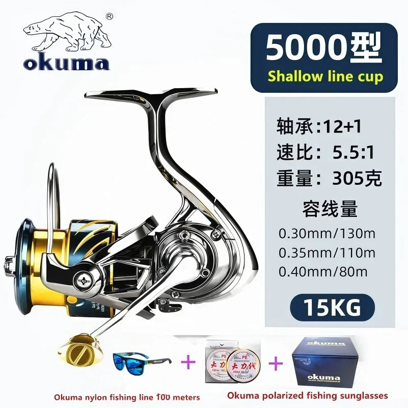 Original Japanese Okuma Brand New Arrival Saltwater Professional Fishing High Speed Reel Spinning 1000-500 9+1BB 5.1:1 Max Drag 10-20KG Water-Proof Reels Lake River Sea Boat Fishing Supplies
