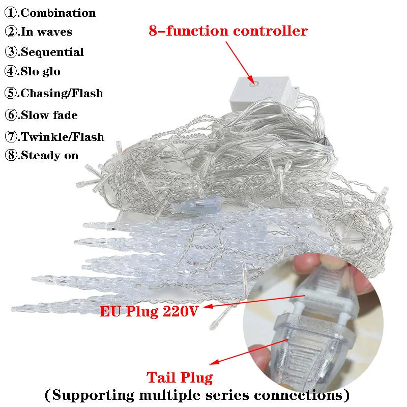 Christmas LED Icicle Fairy Lights with 16 Drops 8 Modes Window Curtain Light Indoor Outdoor Garden Wedding Party String Lights New Year Eve Decoration Supplies