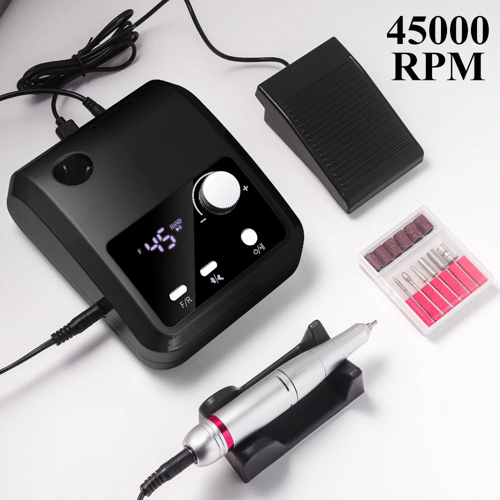 NEW Arrivals High Quality Electric Nail Drill Machine 45000 RPM Electric File HD Display Metal Manicure Pen Professional Nail Lathe Sander Manicure Pedicure Devices Nail Care Tools Set Cosmetics Supplies