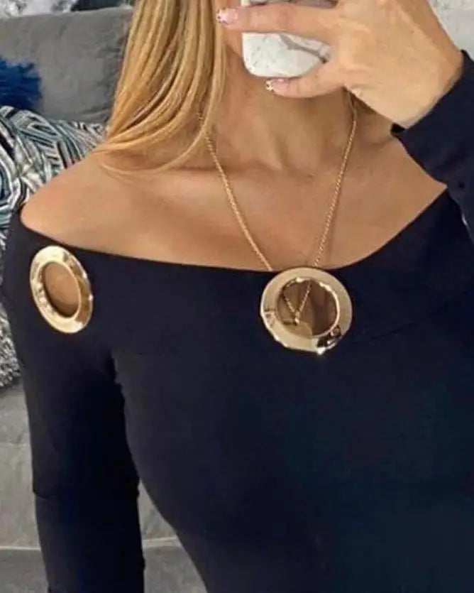 NEW Arrivals Tops Women Trendy Fashion Chic Plain Off Shoulder Grommet Eyelet Decor Long Sleeve Sexy Skinny Bodysuit Ladies Girls Fashion Apparel Accessories