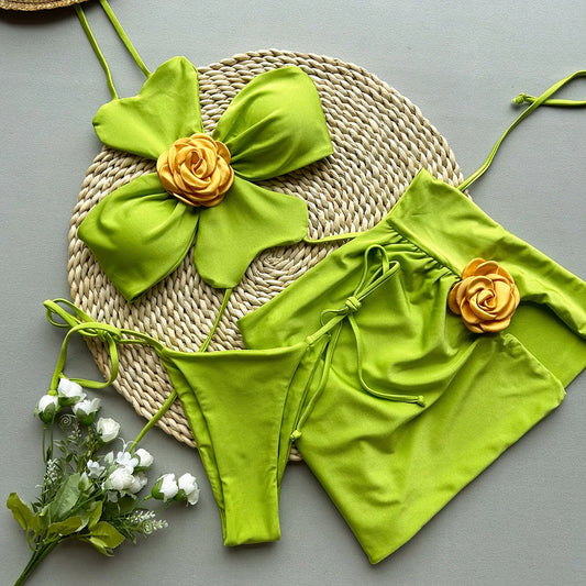 BRAND NEW 3PCS Set UK Size Bikini Sexy Women Swimsuit Swimwear Female Floral Skirt Cover Up Bikini Set Beachwear Bathing Suit Swimming Suit