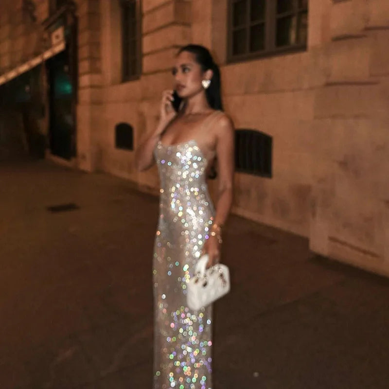 Low-Price Sales are Limited NEW Luxury Sexy Shiny Sequin Halter Neck Maxi Dress for Women Girls Backless Lace Up Slim Sleeveless Bodycon Sparkling Dress Evening Wedding Birthday Prom Party Night Club Outfits Ladies Luxury Fas
