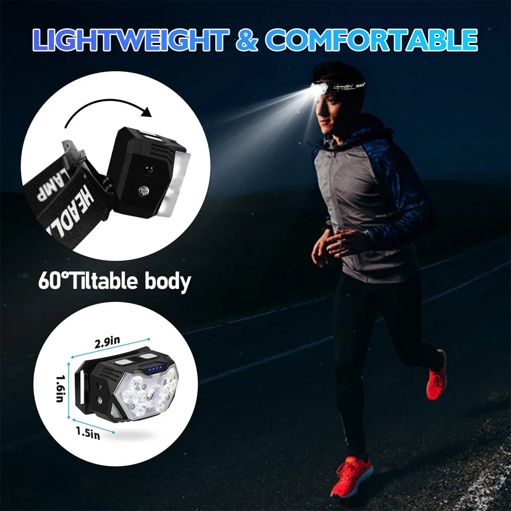 NEW Arrivals 9 Led 2000 Lumen Powerful Strong Light Headlamp USB Rechargeable Motion Sensor Headlight Portable Fishing Camping Sports Cycling Outdoor Hiking Head Lamp Work Flashlight