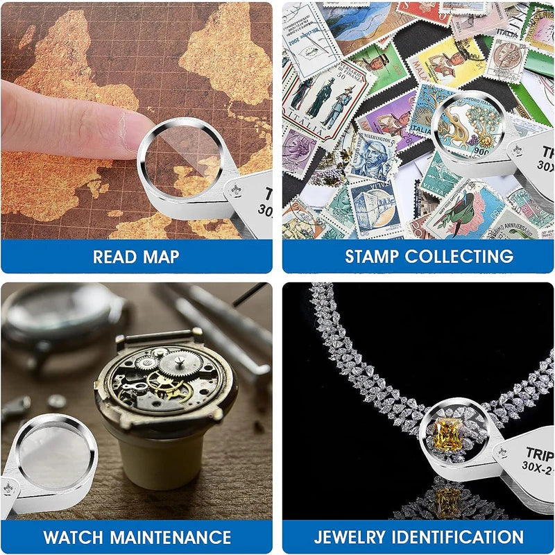 NEW Arrivals Pocket Jewelry Loupe 30X 20X 10X Jewelers Eye Magnifying Glass Rings Gold Diamonds Magnifier LED/UV Illuminated Loop Folding For Stamp Rock Collect Jewelry Accessories