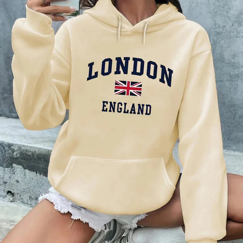 NEW Arrivals S-3XL UK Plus Size 6 Colors Women's Autumn and Winter Casual Fashion Loose London England Hooded Drawstring Long Sleeved Warm Pullover Girls Streetwear Sports Clothing