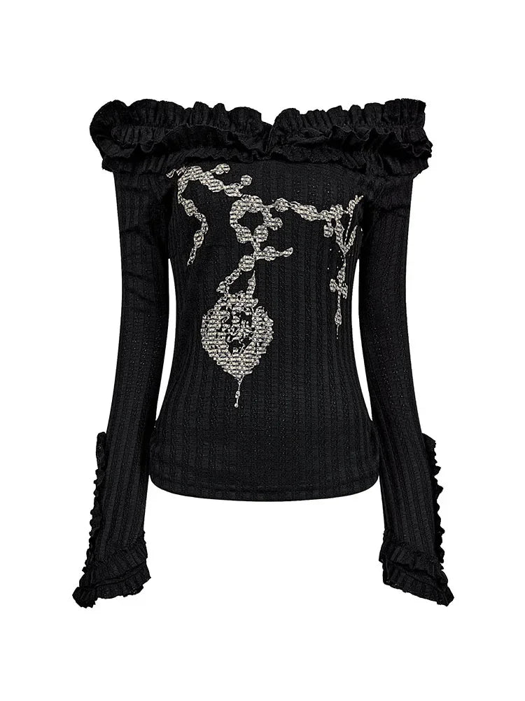 Sexy Punk Outfits Slash Neck Black Skirt  Jacquard + Patchwork Wrapped Hip Skirt Asymmetrical Coquette Gothic Clubwear