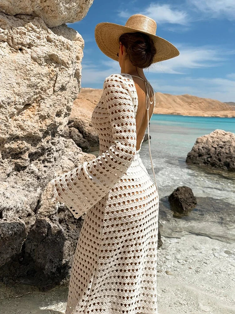 NEW Sexy Handmade Beige Knit Mesh Backless Long Bell Sleeve Beach Maxi Dress Women's Summer Slim Outfits Vacation Swimsuit Cover Up Tunic K205