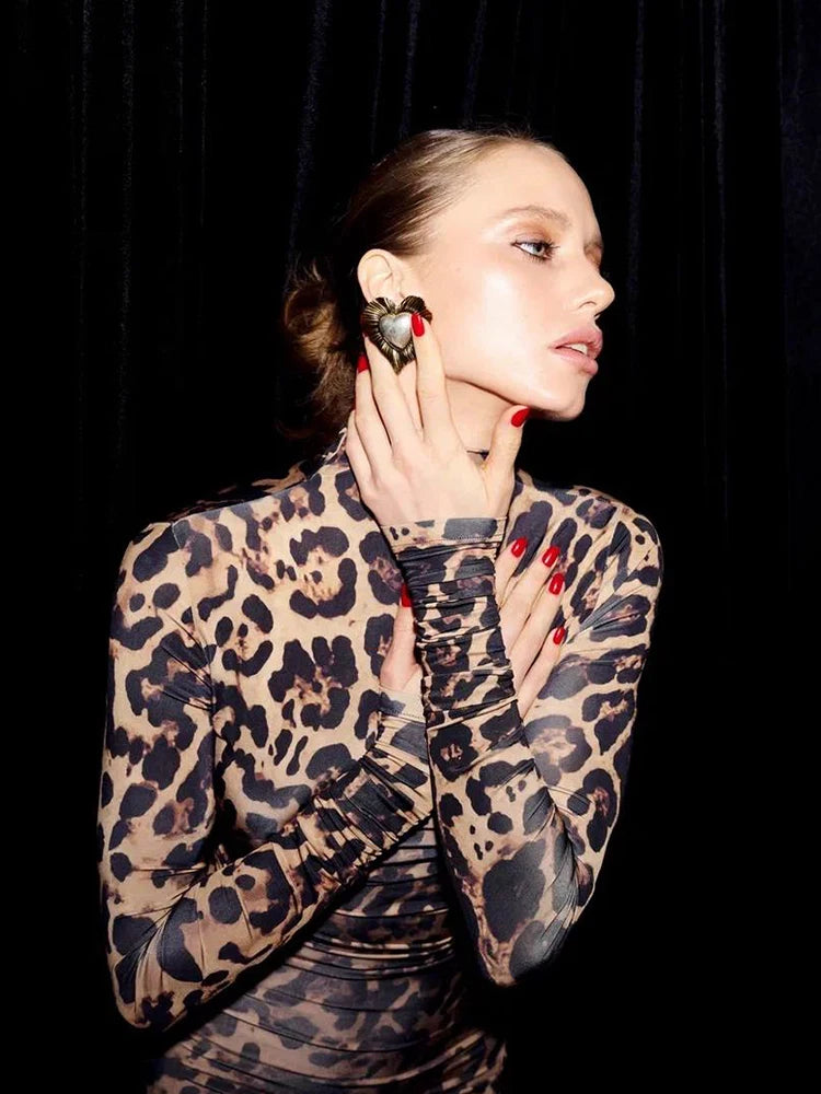 NEW Arrivals Sexy Leopard Long Dresses Turtleneck Regular Casual Y2K Full Sleeve Slim Sheath Skinny Evening Party Maxi Dress Night Club Outfit Ladies New Fashion Apparel Supplies