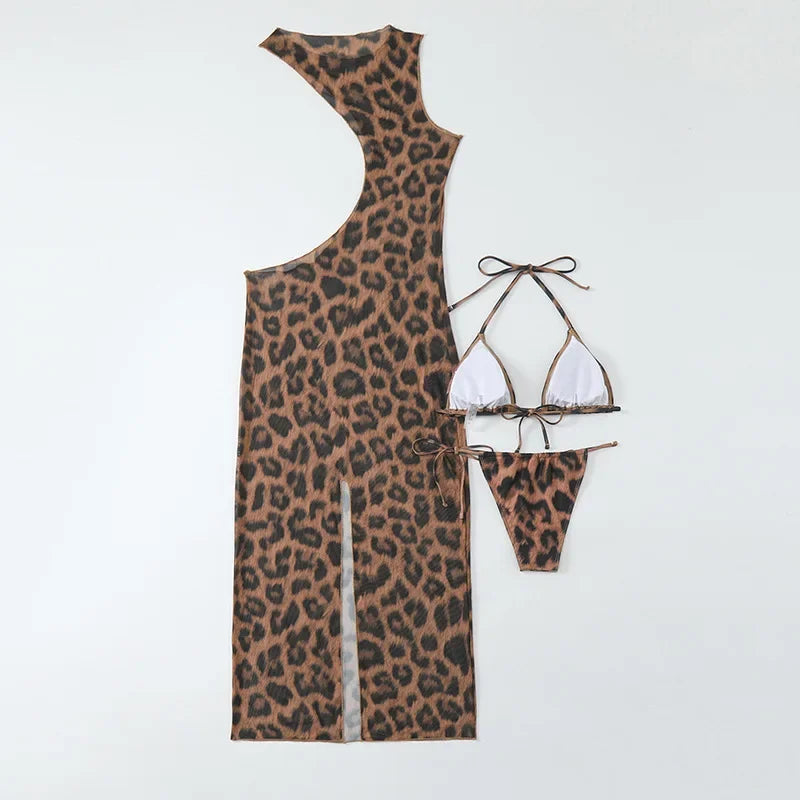 3 PCS Set Women Beach Sexy Leopard Bikini Suit with Cutout Leopard  Sexy Long Bodycon Swimsuit Swimwear Bathing Suit