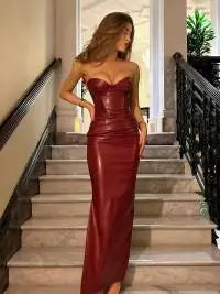 NEW Arrivals Women Sexy Deep V Red Lattice Leather Maxi  Dress Fashion Long Sleeve High Waist Fold Slim Dresses Lady New Highstreet Evening Party Nightclub Dress Ladies Luxury Fashion Clothing Supplies