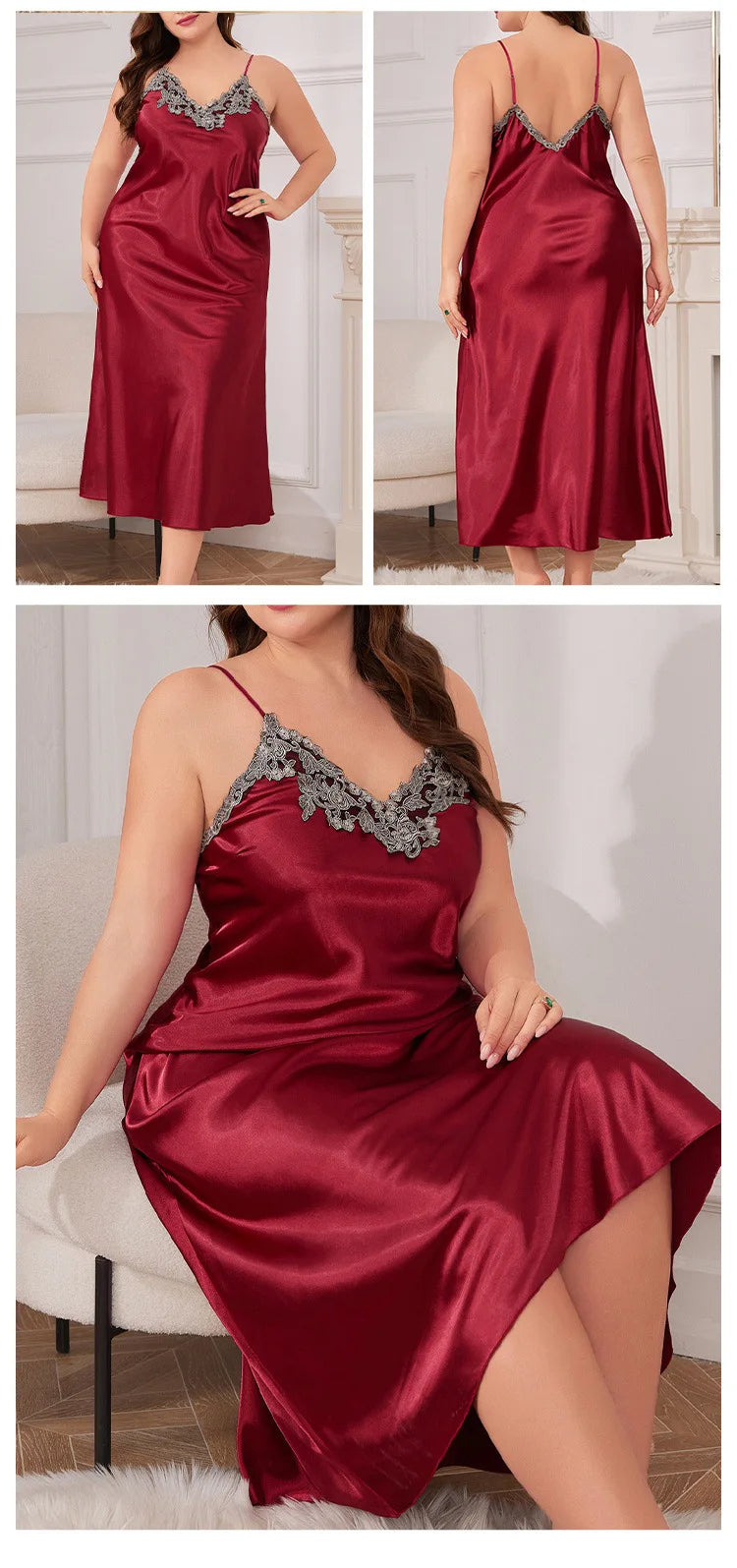 For Curvy Ladies XL-5XL Plus Size Long Nightgown Oversize Sleepwear Big Girls Satin Home Wear Dressing Gown Spaghetti Strap Loose Lingerie Lace Trim Nightwear Loungewear