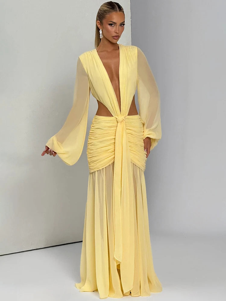 S-L UK Size 4 Colors Leopard  Long Sleeve Sexy Maxi Dress Women Fashion Hollow Out Backless Draped Ruched Bodycon Club Party Long Dress