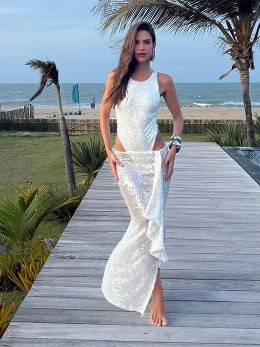 NEW Arrivals UK Size Sequins Glitter Skirt Set Woman New Summer Sexy Sleeveless Tank Jumpsuits + Ribbon Side Split Long Skirts Party Holiday Sets Evening Beach Party Night Club Outfit