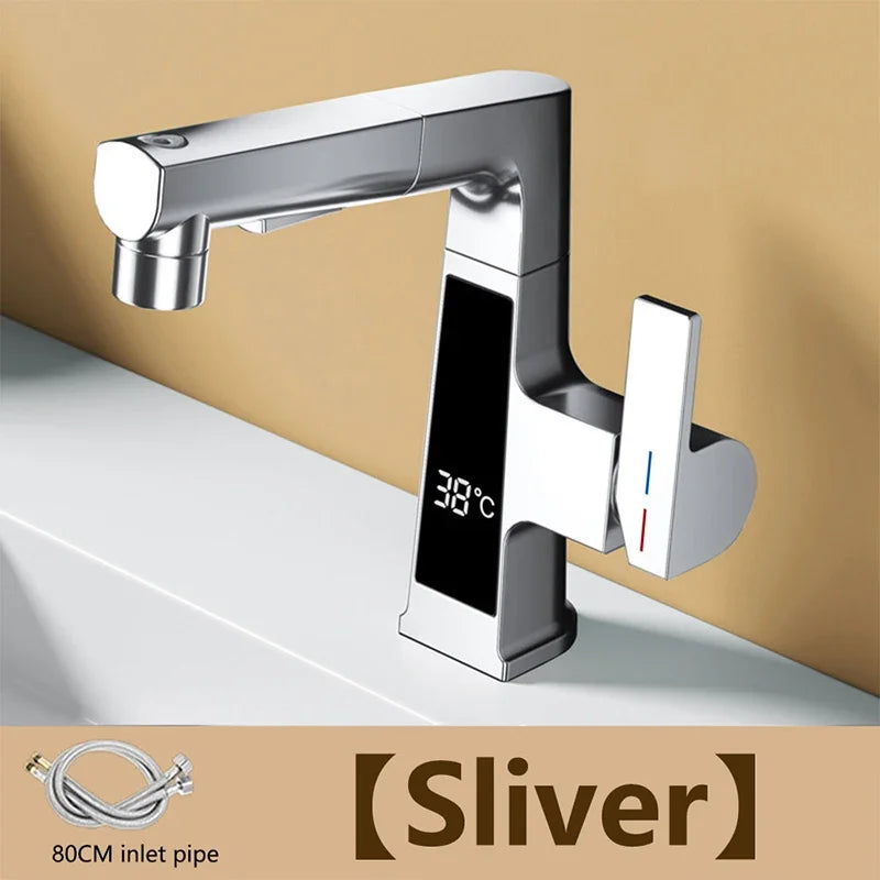 NEW Digital Display Pulling Faucet with Washing Gun Intelligent Temperature Sensor Brass Washbasin Taps Rotating Lifting Cold and Hot Water Mixer Tap Home Bathroom Kitchen Accessories