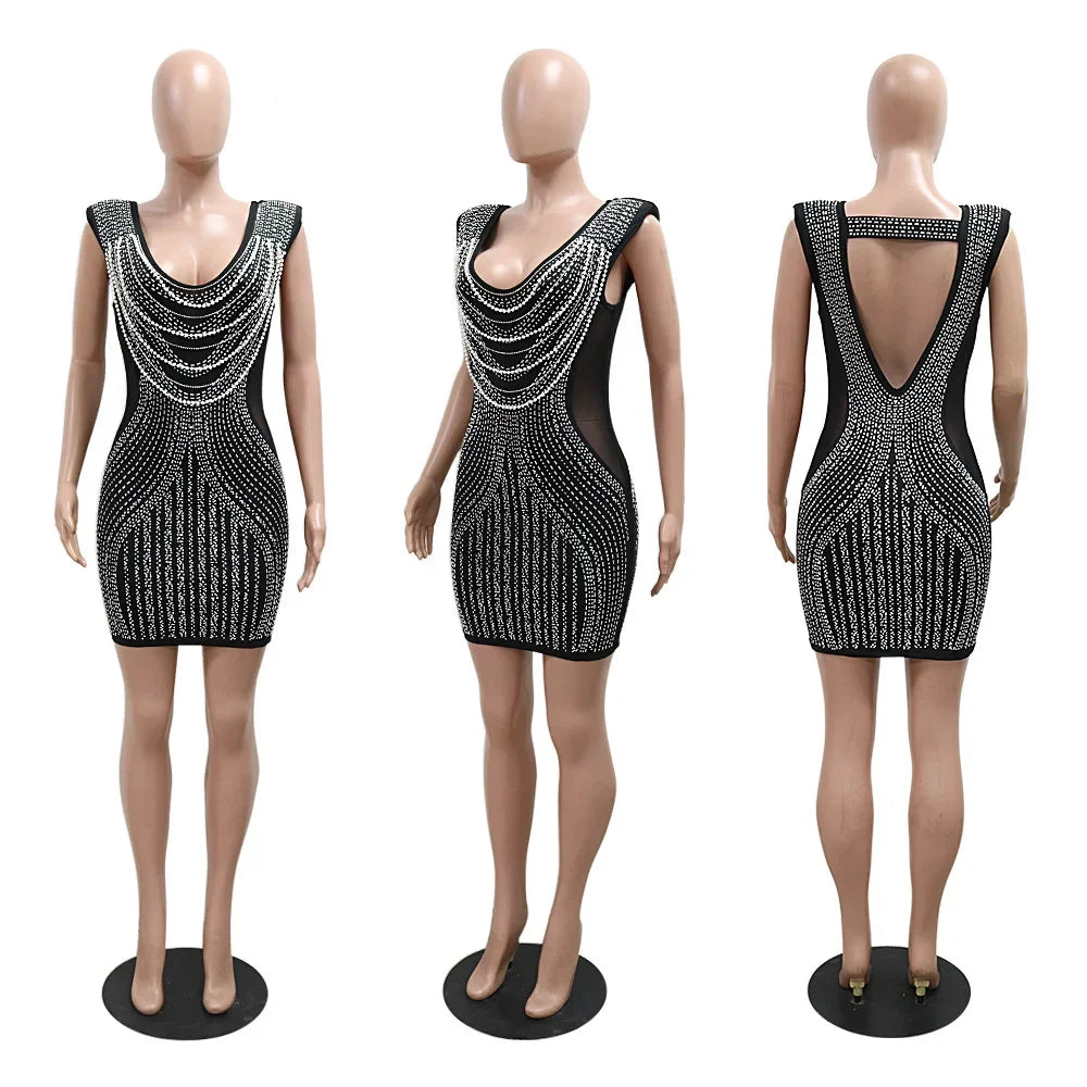 NEW Arrivals S-2XL UK Size Red/Black/Blue Color  Women Mesh V-Neck Diamonds Hot Rhinestones Beading Bodycon Mini Dress Summer Evening Night Club Sexy Party Dresses