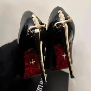 Just Arrived 10cm Early Spring New High Heels Women's Fine Heels Pointed Metal Swords Sexy Queen Black Lacquer Leather Single Evening Party Night Clubwear Prom Shoes