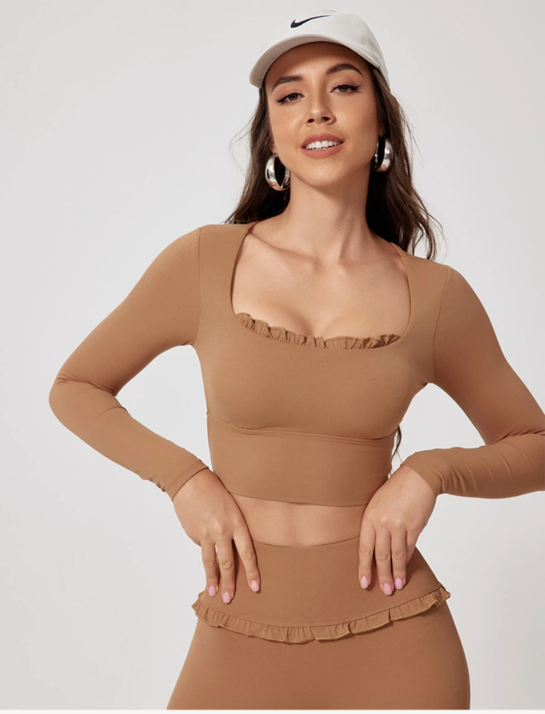 2PCS Set S-XL 6 Colors Naked Square Neck Yoga Set Sports Fitness High Waist Nude Quick-drying Long-sleeved Outdoor Running Workout Clothes Gym Suit