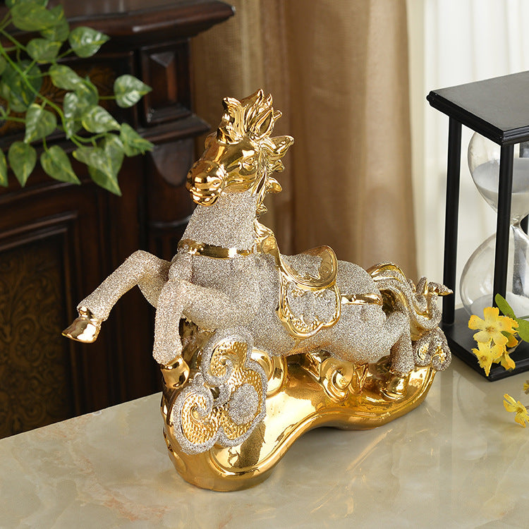 33 x 28cm Handmade Craft Modern high-end ceramic handicrafts fly yellow Tengda gold-plated horse ornaments home decorations housewarming gifts