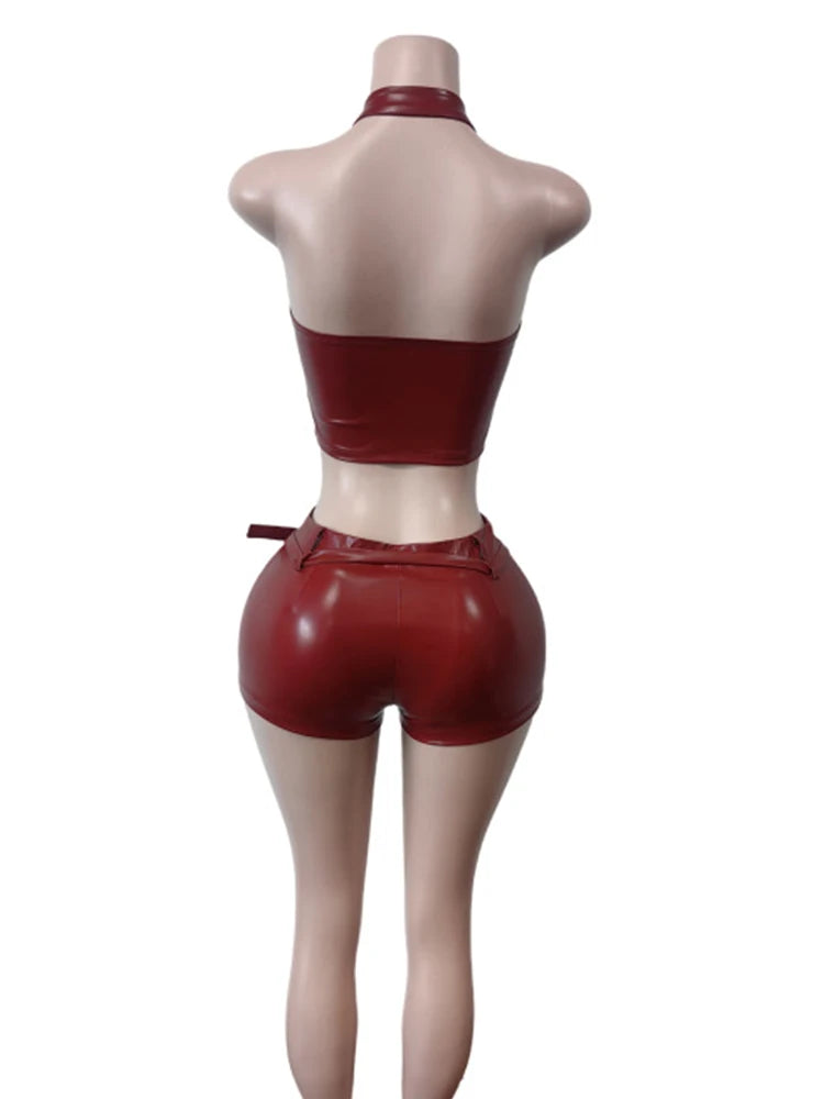 2 PCS Set Black/Red Color S-2XL UK Size Belt PU Leather Women Sexy Zip Halter Tank Top + Shorts Hipster Skinny Midnight Luxury Clubwear Outfits