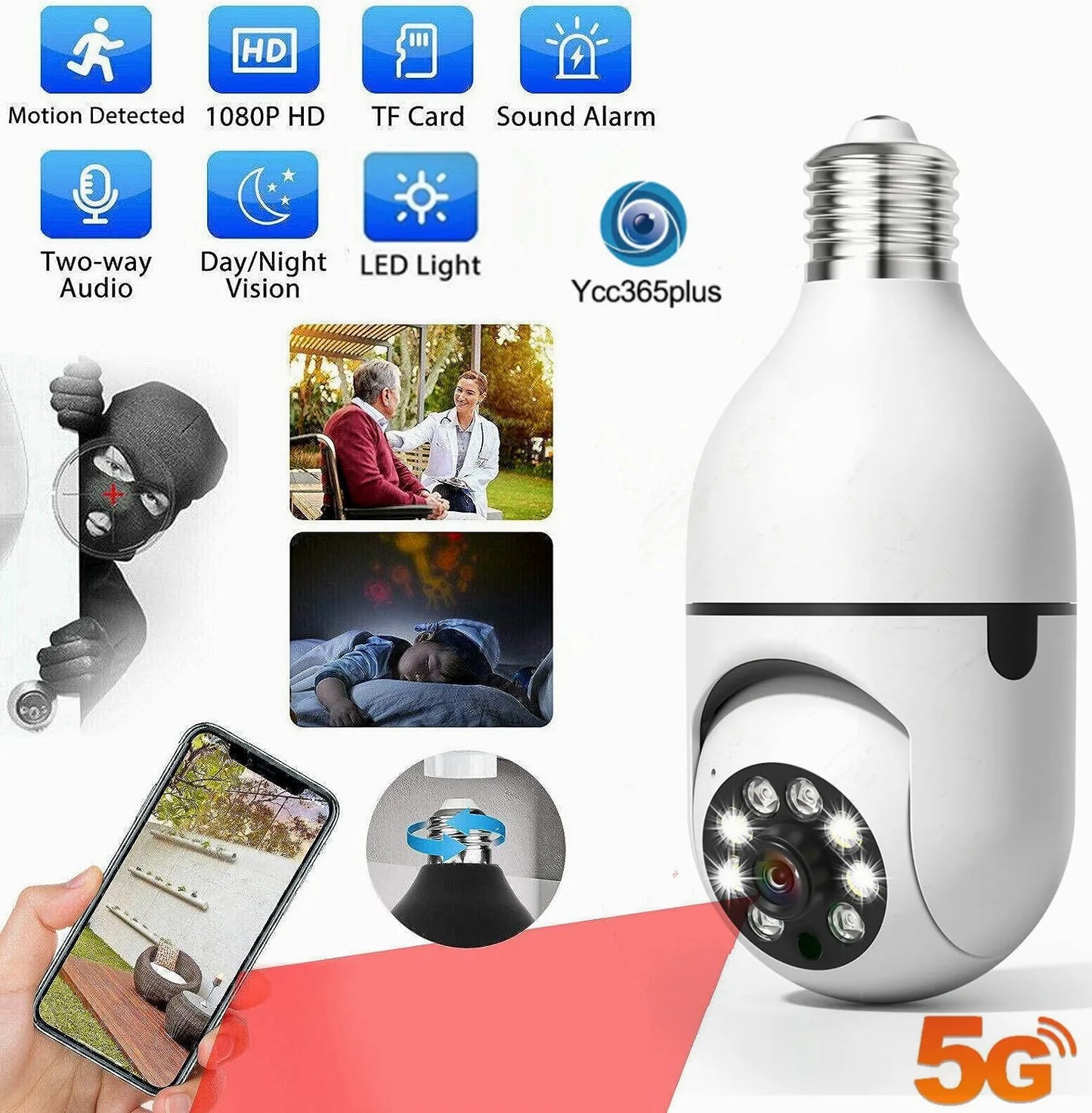YCC365 5G Wifi 1080P E27 Bulb Surveillance Camera Indoor 4X Digital Zoom AI Human Detect Full Color Night Vision Wireless Camera