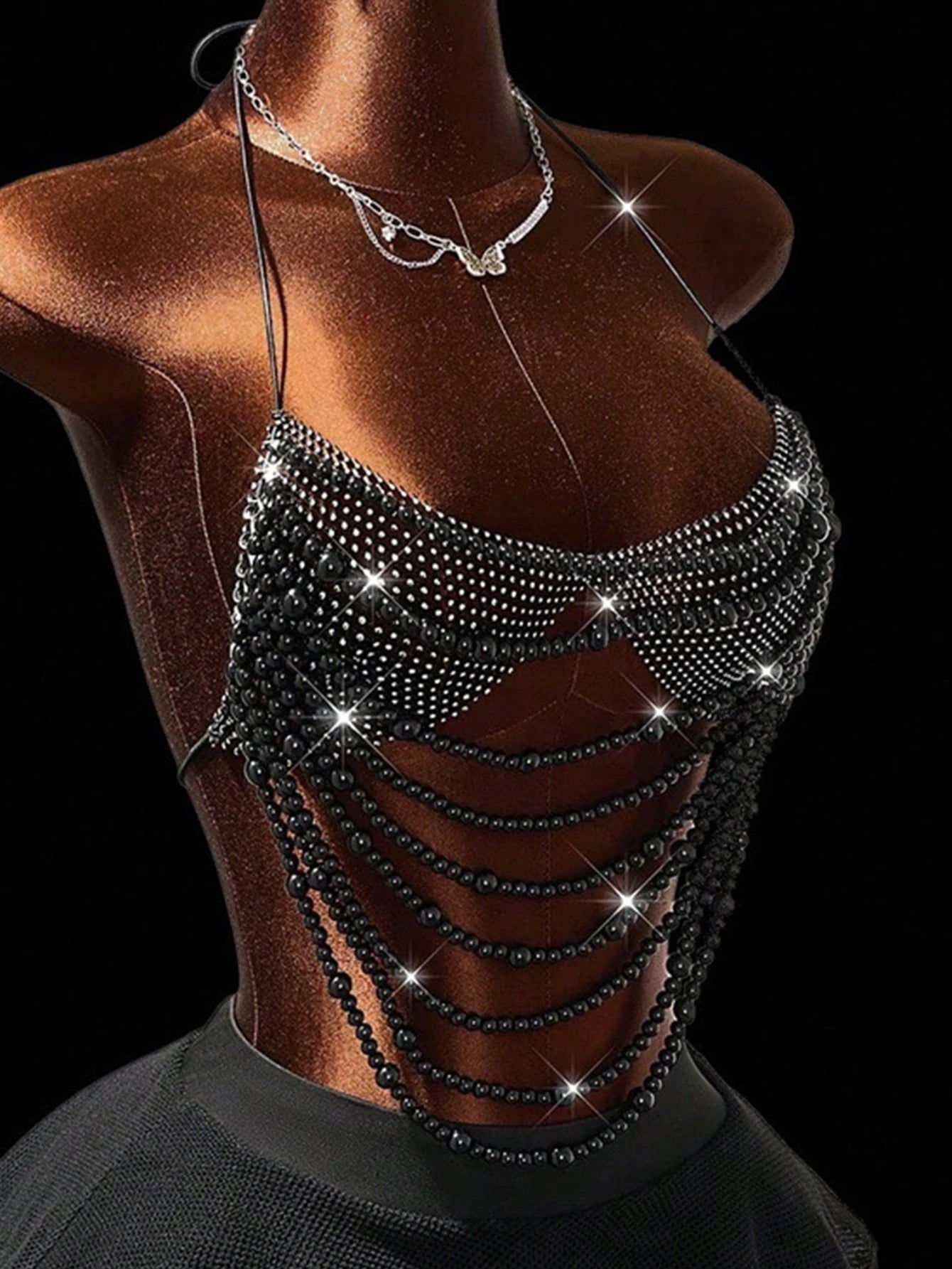Just Arrived Sexy Black Metal Rhinestone Corset Crop Top Women Summer Evening  Beach Club Party Tops Woman Clothing See Through Pearl Halter Tank Top Ladies Sexy Apparel Accessories