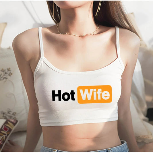 NEW Arrivals 4 Colors *HOT WIFE* Sexy Crop Top Summer Beach Bar Women's Sexy Elastic Cotton Sleeveless Short Tank Top Bar Women Summer Streetwear Outdoor Running Cycling Fitness Sports Tops