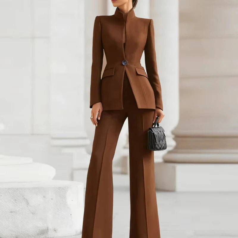 5 Colors 2 PCS Set S-2XL UK Size Elegant Long Sleeved Blazer + Pants Suit Autumn Spring Simple Solid Color Commuting Outfit Women's Temperament Slim Fit Professional Set