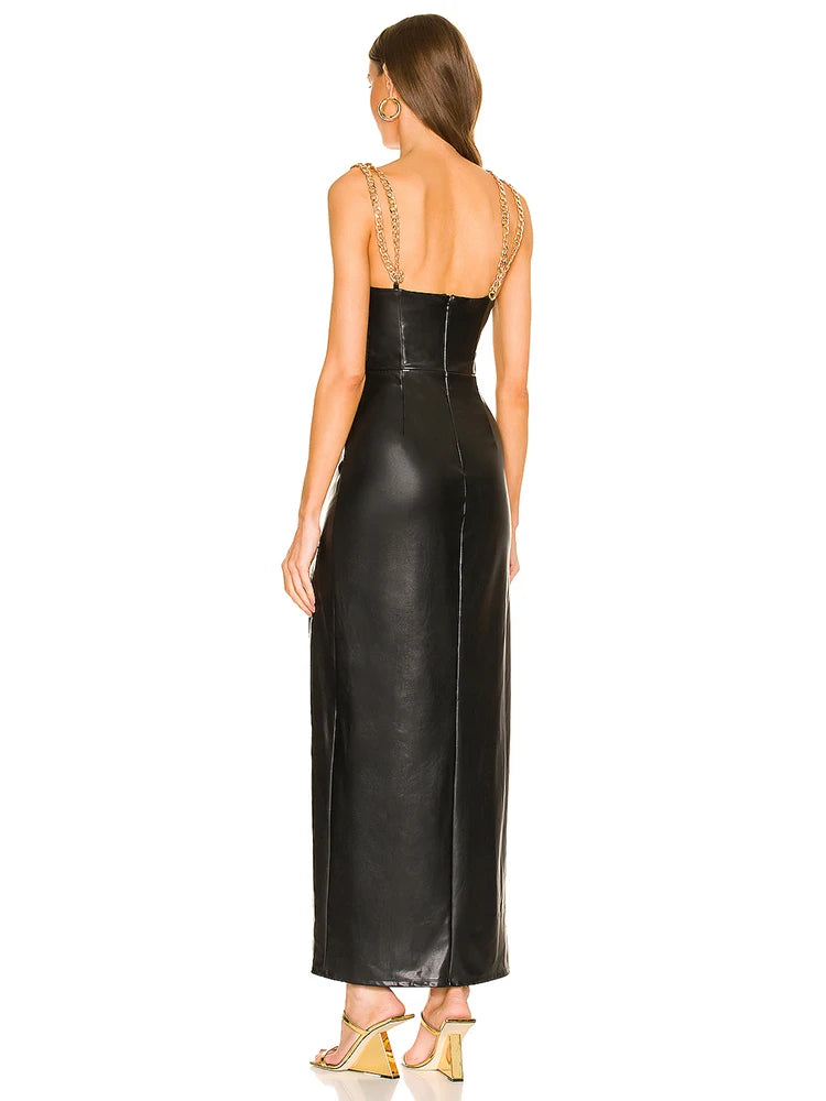 Sexy Chain Spaghetti Strap PU Leather Maxi Dress Women Summer Sleeveless V Neck Hollow Split Black Dress Celebrity Club Party