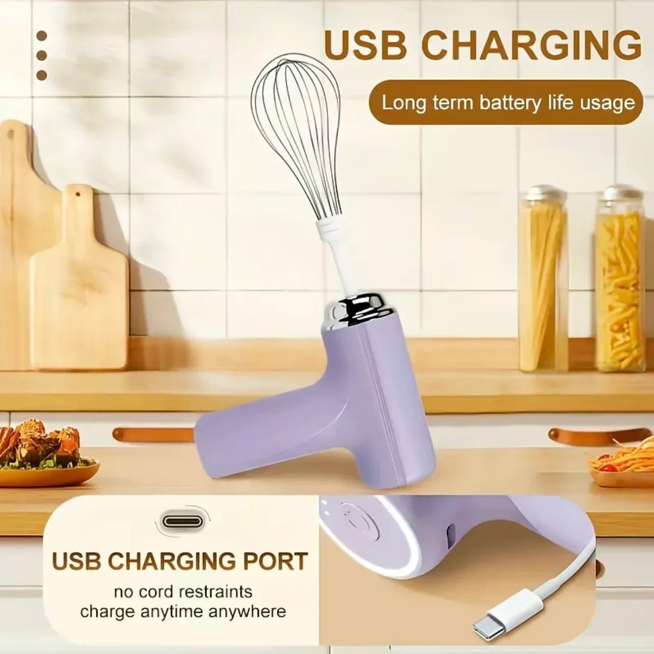 Electric USB-Type C Egg Beater Rechargeable Home Handheld Small Wireless Egg Beater Baking Cream Electric Whip Blender Hand Mixer for Cakes