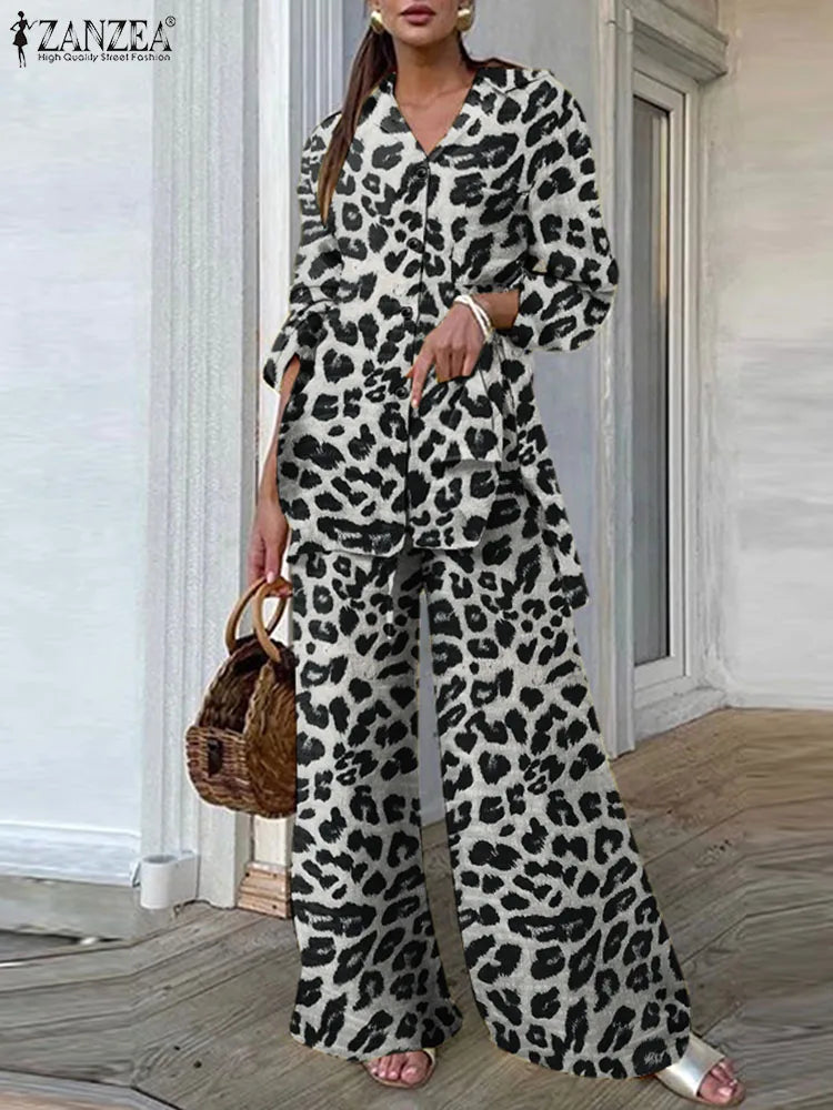 Plus Size Vintage 2PCS Pant Sets Summer Women Fashion Leopard Printed Casual Loose Tops and Pant Outfits Wide Leg Pant Sets