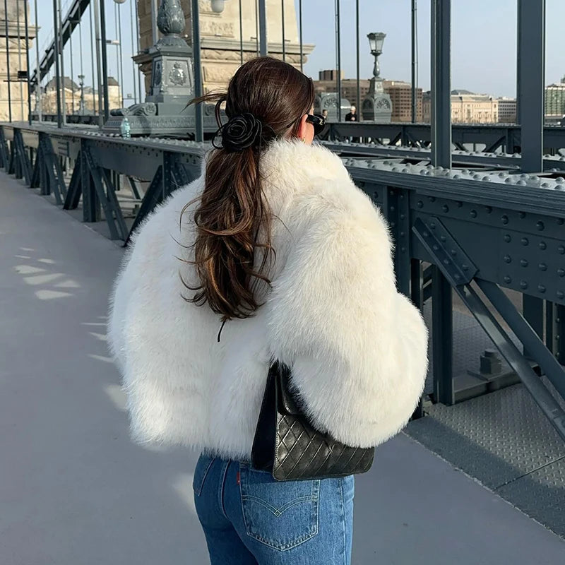 NEW Arrivals UK S-2XL Size White/Yellow Color Neo Mint Winter Women Yellow Faux Fur Jacket Chic Girls Fashion Streetwear Thicken Warm Stand Collar Fox Fur Coat Outerwear