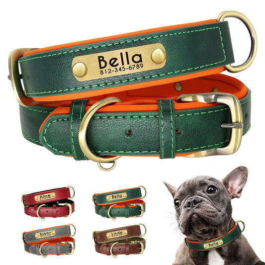 Leather ID Nameplate Dog Collar Soft Padded Dogs Collars Free Engraving Name for Small Medium Large Dogs Adjustable